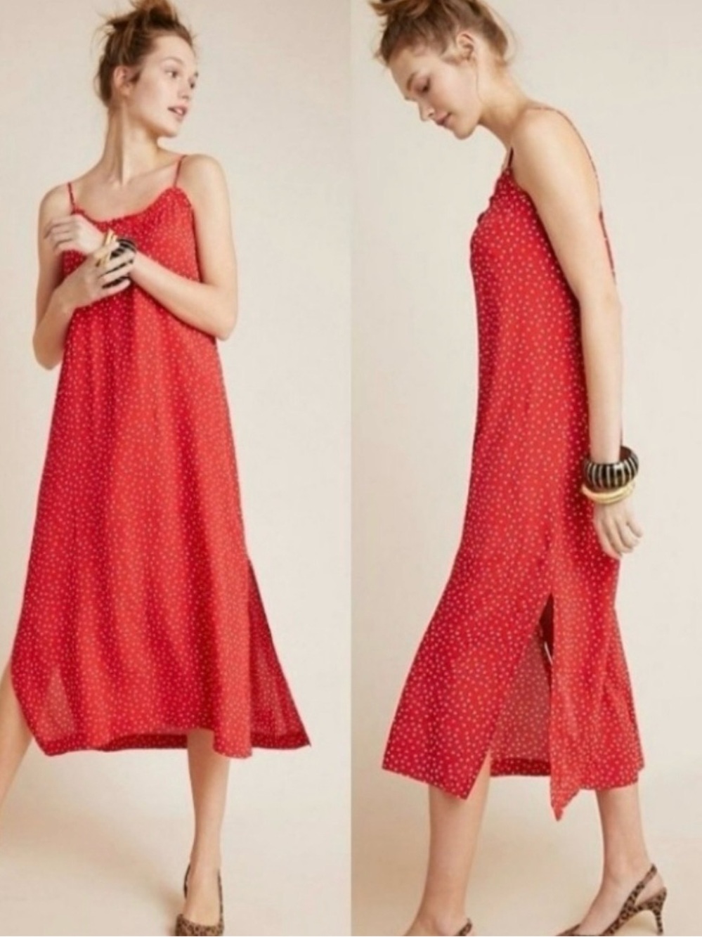Anthropologie Seen Worn Kept Red & White Dot Midi Slipdress Size 10